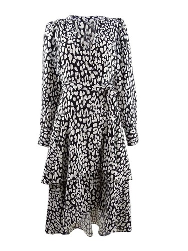 Calvin Klein Women's Animal-Print High-Low Wrap Dress (6, Black/Cream) - Foto 1 di 2
