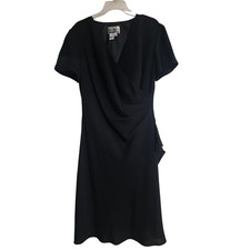Sheri Martin NewYork Black Wrap Front Draped Midi Dress Women 12 Short Sleeve A5