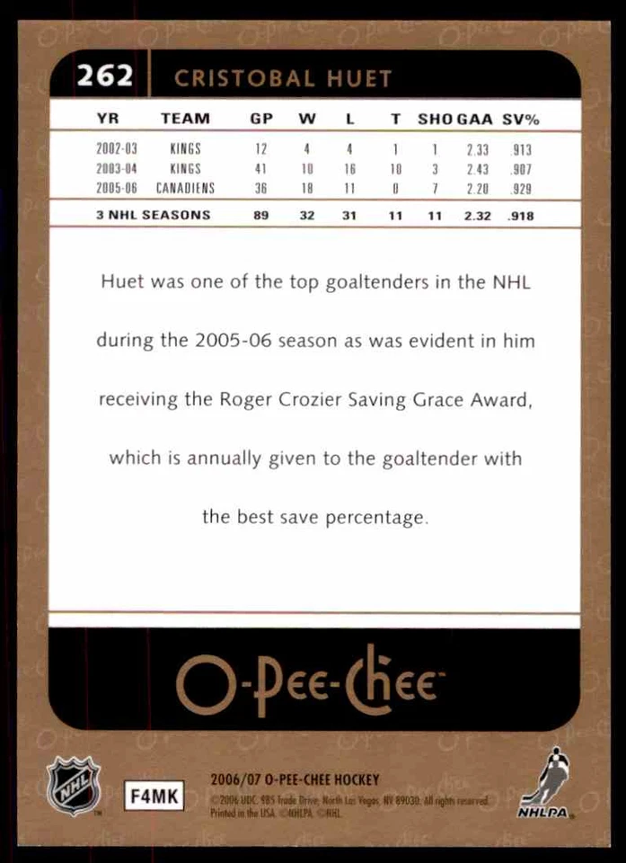 2006-07 O-PEE-CHEE CRISTOBAL HUET MONTREAL CANADIENS #262 - Image 2 of 2