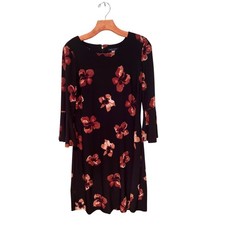 Tommy Hilfiger Womens 10 Black Floral Bell Sleeve Shift Dress Orange Tan Print
