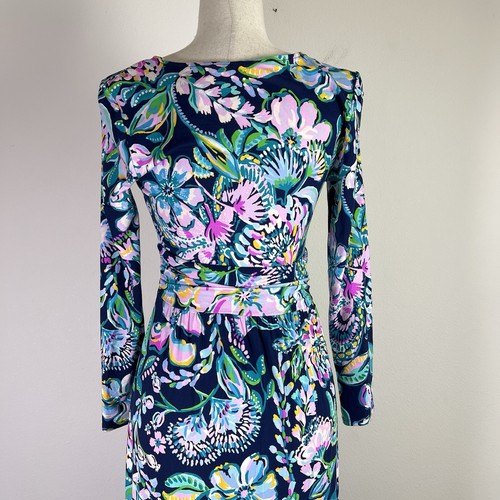 Lilly Pulitzer Montague Dress Long Sleeve Size Small Blue Faux Wrap Maxi Dress - Picture 9 of 15