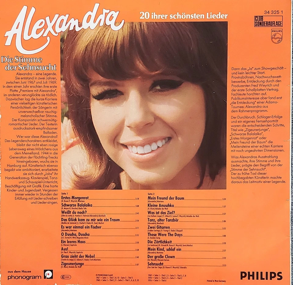 ALEXANDRA ~ DIE STIMME DER SEHNSUCHT 1978 PHILIPS 34 325 1 VINYL LP SCHALLPLATTE - Bild 2 von 4
