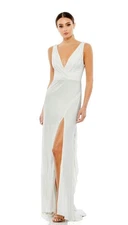 Mac Duggal 12336 White Sleeveless Gown Size 10 V-Neck Slit Open Back Dress READ