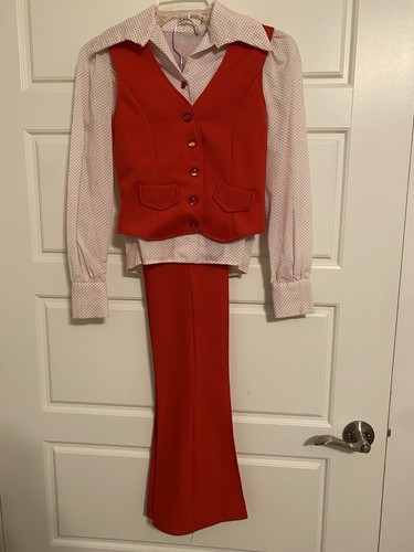 Vintage 70s Retro Orange Pants Vest Suit Dotted Swiss Shirt Matching Set Sz XS - Picture 1 of 20