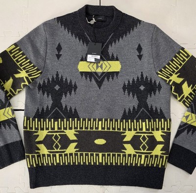 $1095 NWT Alanui Virgin Wool Sweater Gray Yellow Black Southwest Mens M Medium