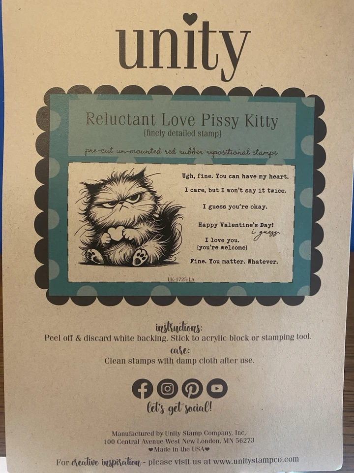 Nuevo paquete de estampillas y papel Reluctant Love Pissy Kitty de Unity Stamp Company Foto 2 de 4