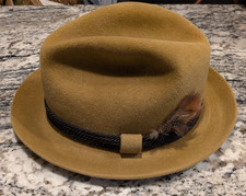 Vintage Churchill Ltd TAN Felt Fedora Hat Brown Band feather Size 6 7/8