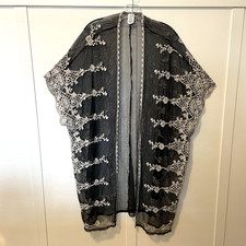 Sheer Black Net Duster Kimono White Crochet Trim SZ XL Whimsigoth Flowy Hippie