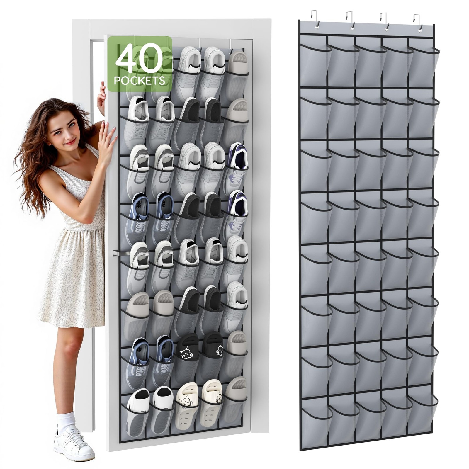 Over the Door Shoe Organizer 40 Large Breathable Mesh Pockets Space Saving Storage-image