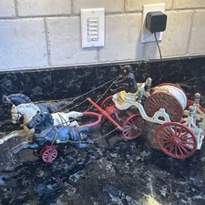 Vintage Cast Iron Fire Engine With 3 Horse Drawn Hose Wagon with Fire Fighter
