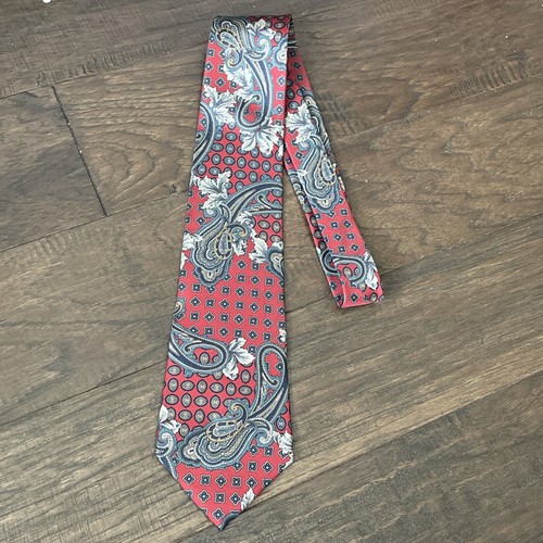 Vtg Neck Tie Red Navy Gray Paisley Silk Italian Victorian Acanthus SAVILE ROW - Picture 3 of 6