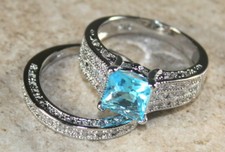 SILVER Elegant Sky Blue Topaz  White Topaz Wedding  Engagement Ring Set