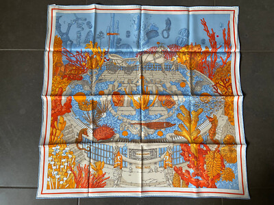 Hermès Seidentuch quadratisch - Ex libris Atlantis - 70 cm - blau orange - NEU