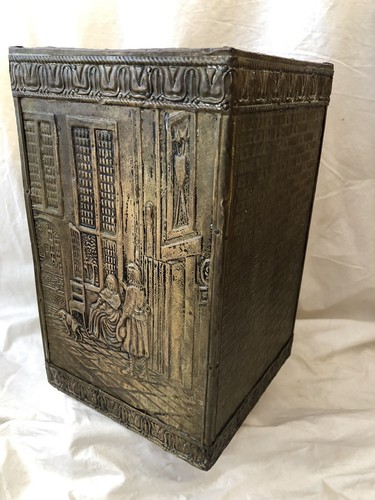 Antique Brass Repousse over Wood Kindling Box Trash Can Victorian Children Dog - Picture 9 of 11