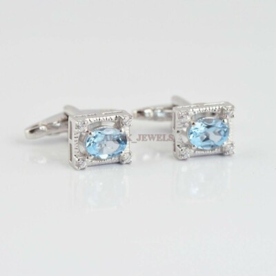 Natural Blue Topaz Gemstone with 925 Sterling Silver Cufflink #1990