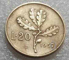 MONETA RAMO DI QUERCIA 20 LIRE 1957 CON VARIANTE DEL 7 GAMBO LARGO