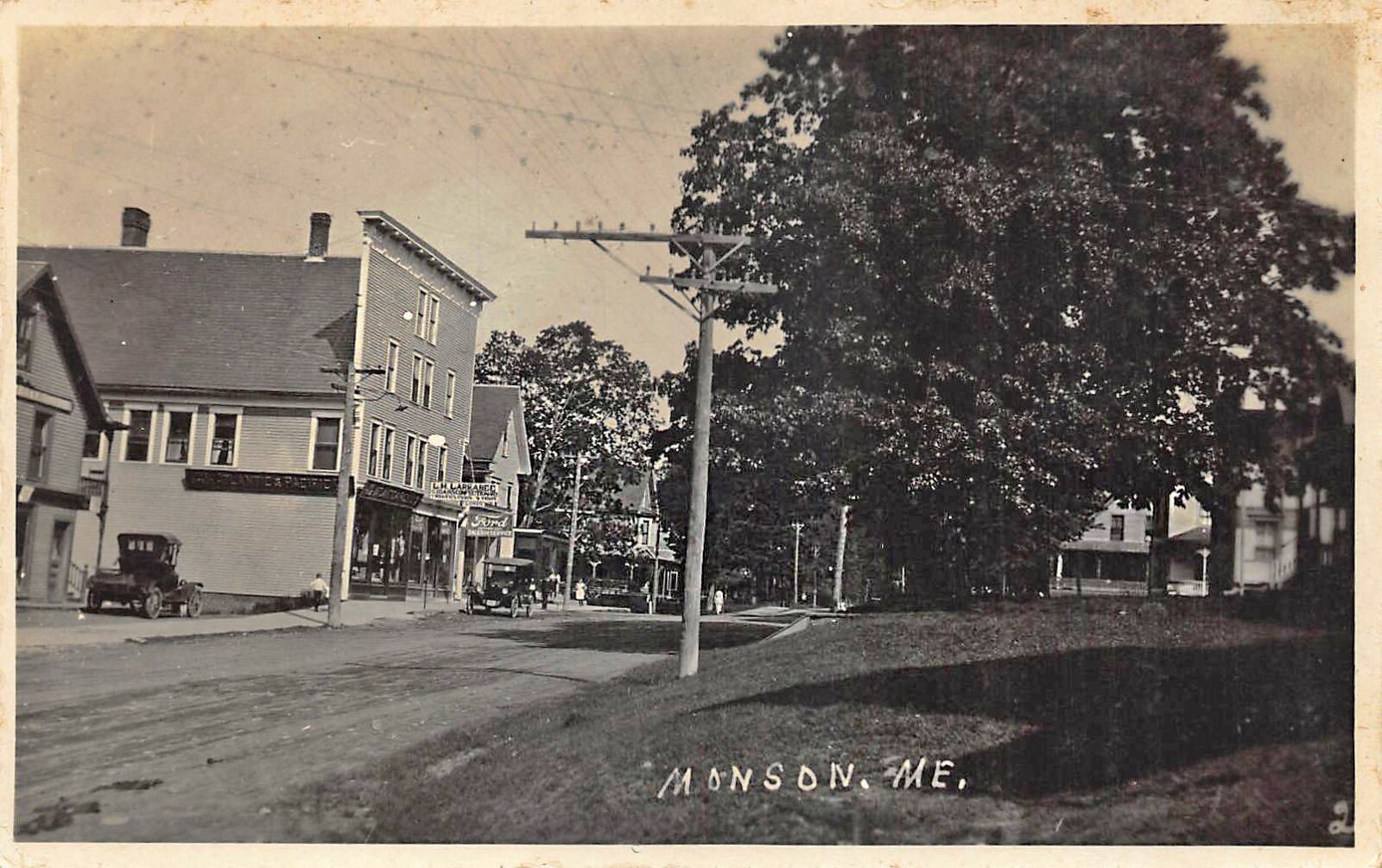 Monson ME Main Street Old Cars Storefronts Ford Dealership Real Photo