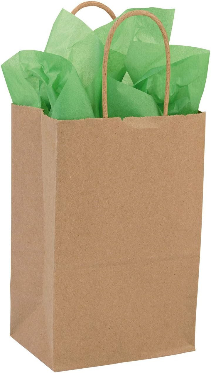 Kraft Paper Shopping 250 Bags Handles 5 ¼” x 3 ½” x 8 ½” Retail Merchandise