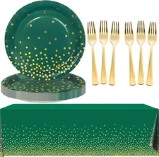 71PCS Green and Gold Party Decoration Supplies, Disposable Party Tableware Green