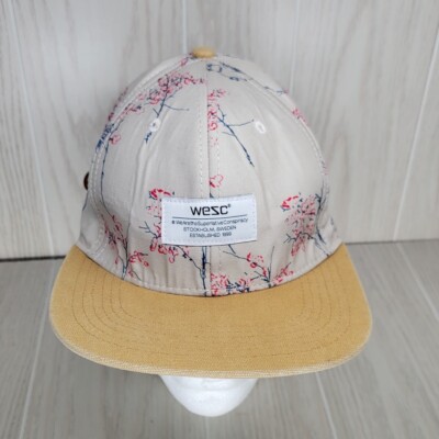 WESC Baseball Cap Tan Hat One Size Leather Strap Back Pink Blossoms RARE