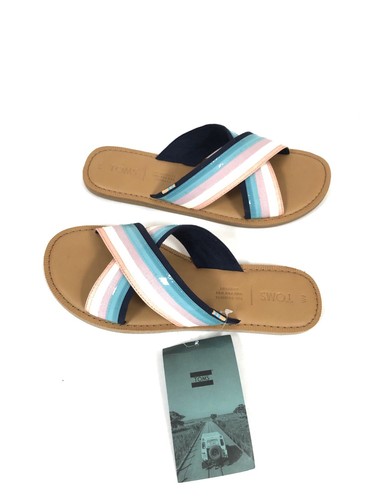 NIB TOMS Viv Blue Multi Striped Canvas Crossover Slide Sandal MSRP$59 ABFB - Picture 3 of 5