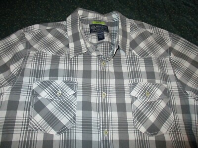 American Rag 2XL Cotton Slim Fit Long Sleeve Western Style Plaid Gray White Mens