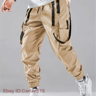 Mens Goth Suspender Pocket Harem Pants Hip Hop Cargo Trousers Punk Cotton Comfy
