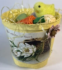 Easter Decor Peat Pot W/Easter Eggs/Carrot/Chick 5” High Made By Me