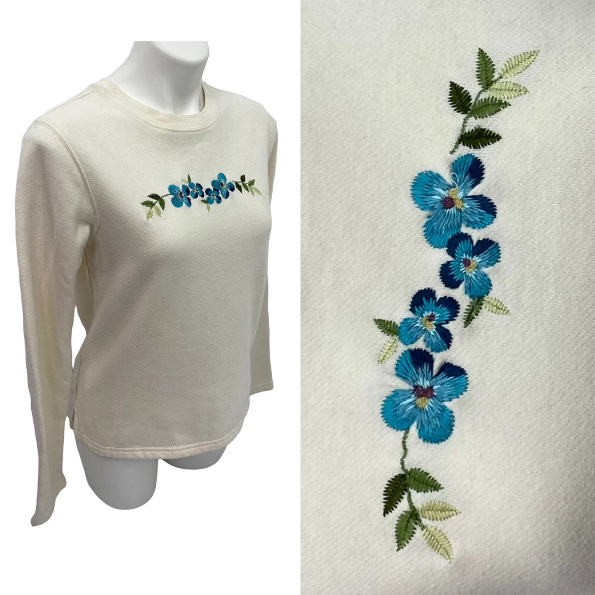 Basic Editions Womens Sweatshirt Small Floral Embroidery Cream Blue Grandmacore
