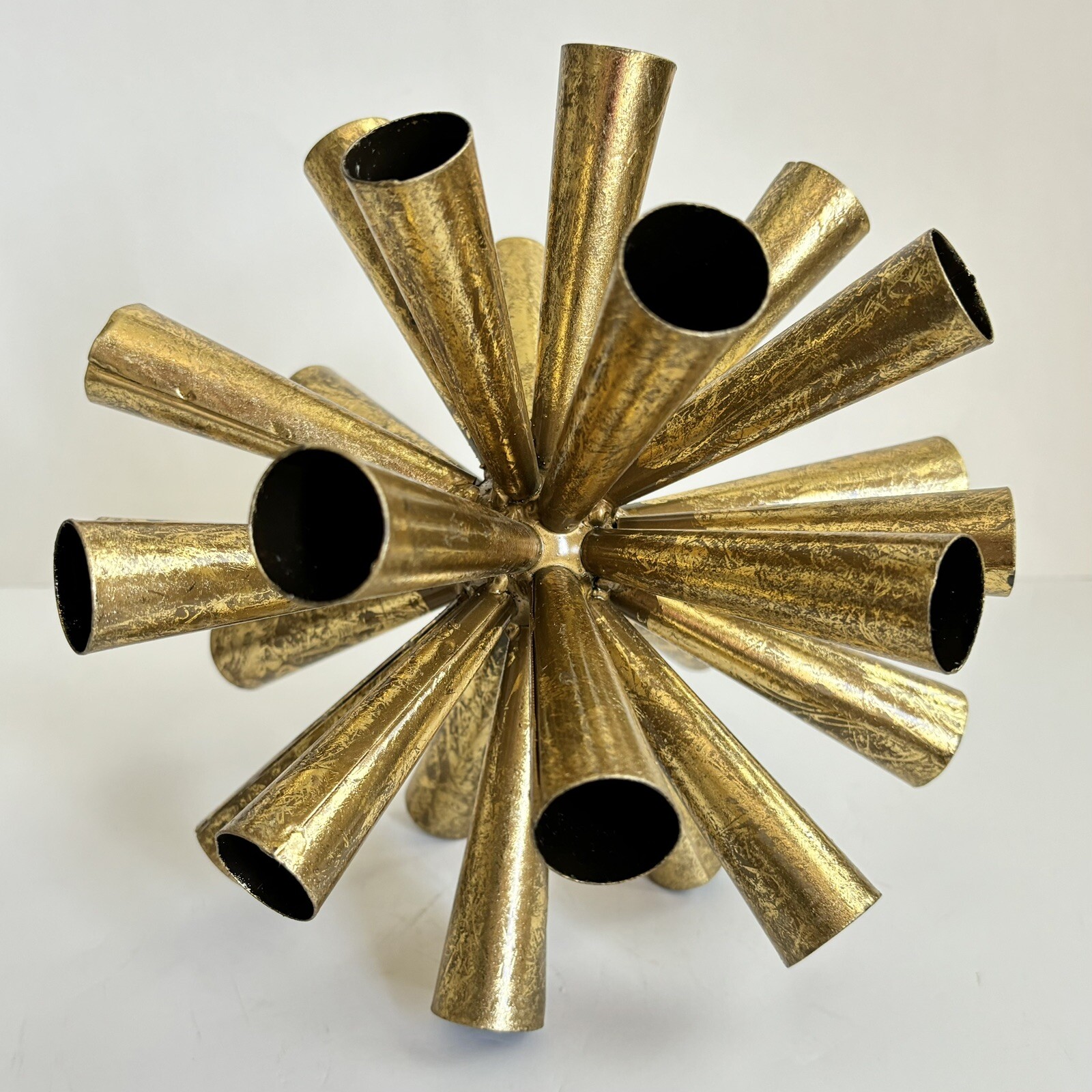 2 Metal Starburst Sputnik Style Tube Sculptures 10” And 8” Gold Tone Vintage