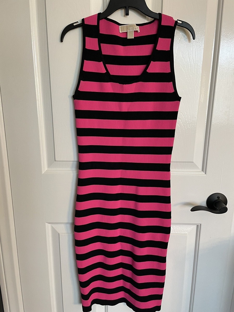 Michael Kors Neon Pink And Black Striped Bodycon Dress Size S