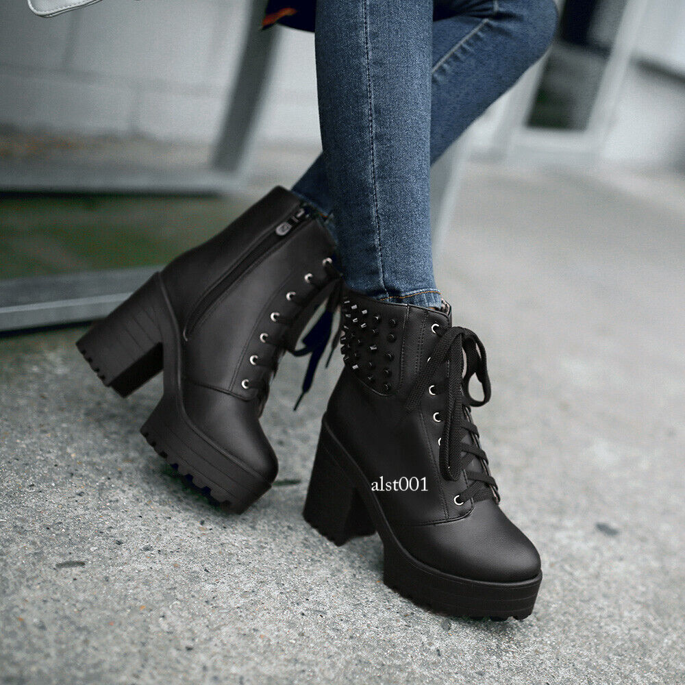 Women Platform Non-slip Ankle Boots Lace Up Round Toe Punk High Block Heel  Shoes