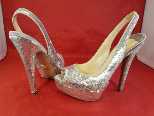 PRADA SEQUIN SILVER METALLIC PEEP TOE OPEN TOE PUMPS SHOE SIZE 36.5 - Picture 12 of 12