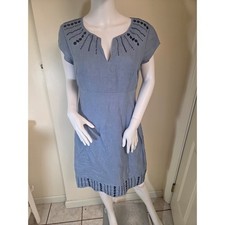 Boden Blue Linen Embroidered Shift Dress US 8R UK 12R Short Sleeve Sheath