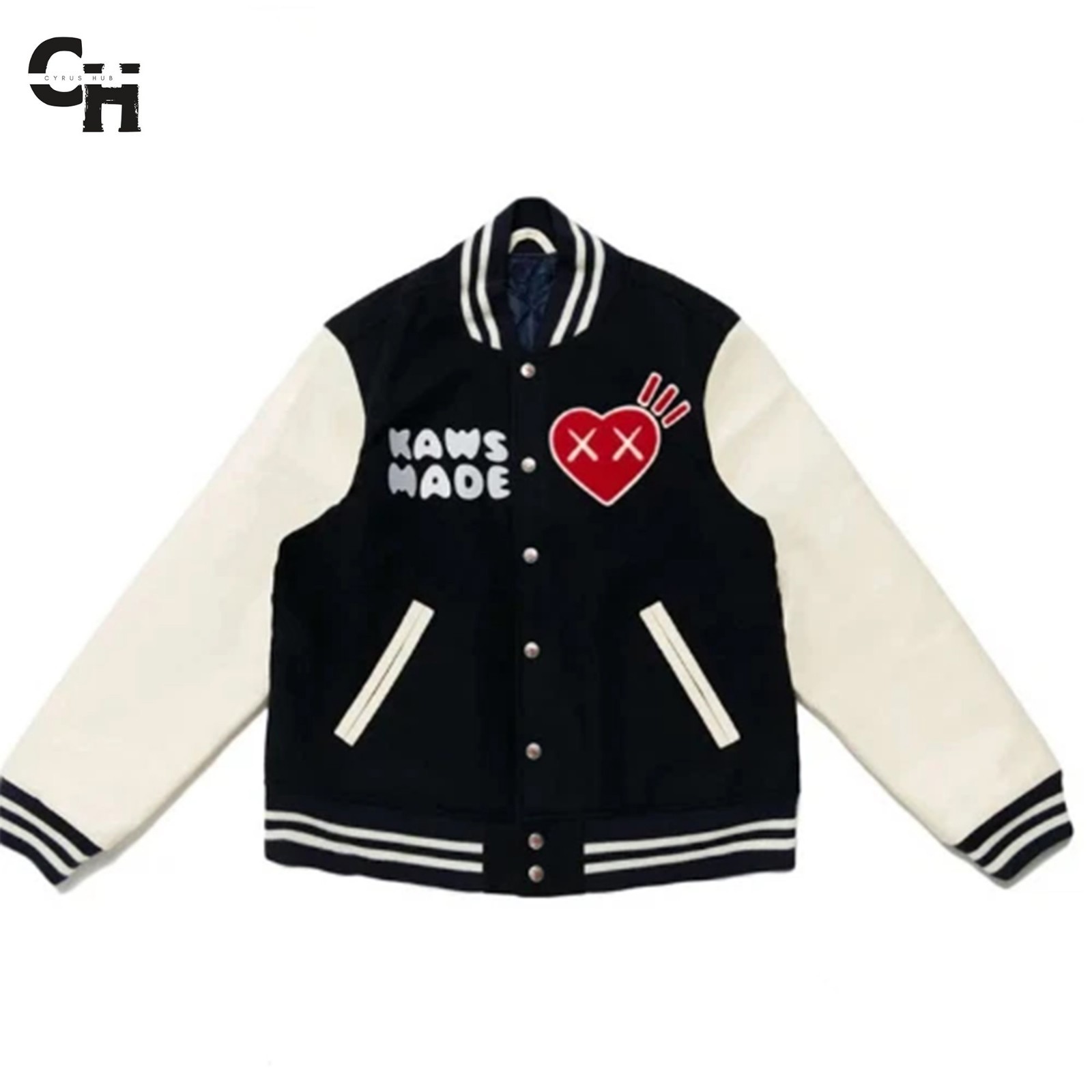 Letterman Men's Human Made Kaws Black Wool White Leather Sleeves Varsity Jacket