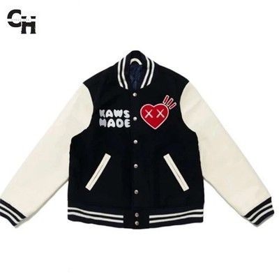 Letterman Men's Human Made Kaws Black Wool White Leather Sleeves Varsity Jacket