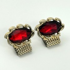 Vtg Swank Mesh Wrap Cufflinks Red Glass Stone Gold Tone Mid Century Jewelry