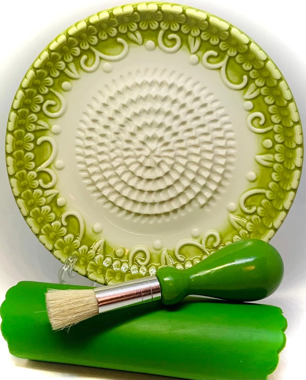, All-In-One Premium Ceramic Garlic Grater Plate 4-Piece Set - Green Embossed De