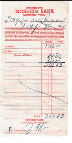 VINTAGE MOSHEIM TENN TN TENNESSEE BANK DEPOSIT SLIP 1960