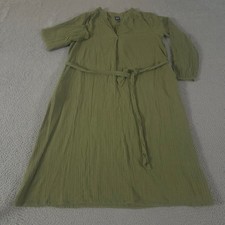 Gap Dress Womens L Petite Olive Crinkle Gauze V-Neck Tie Waist Midi Long Sleeve