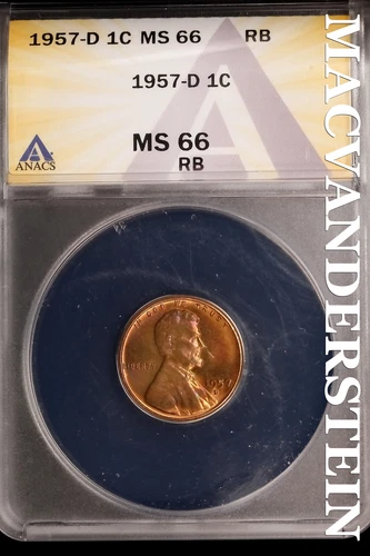 1957-D Lincoln Wheat Cent-ANACS MS 66 RB Choice Gem BU No Reserve #SLK1033