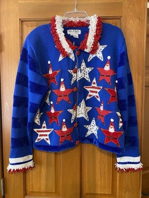 VTG Jack B Quick Sweater July 4th Santa Christmas Beaded Cardigan XL Patriotic