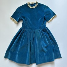 Vintage 60s Elegant Velvet Blue Girls Christmas Dress Lace Collar Trim Size 5-6