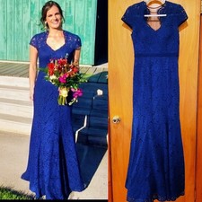 JS Collections Navy Lace Mermaid Gown SZ 2 Cap Sleeve Notch Neck ONLY WORN ONCE