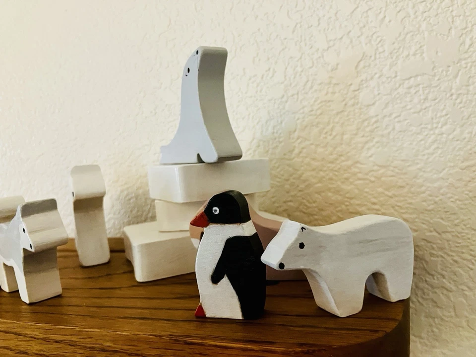 Juego de 12 animales árticos de madera Barto trineo perro polo norte juguetes tipo Waldorf creativo Foto 3 de 4