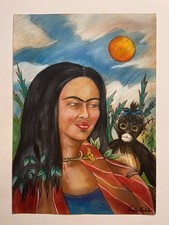 Frida Kahlo Disegno su carta (fatto a mano) firmato e timbrato tecnica mista.