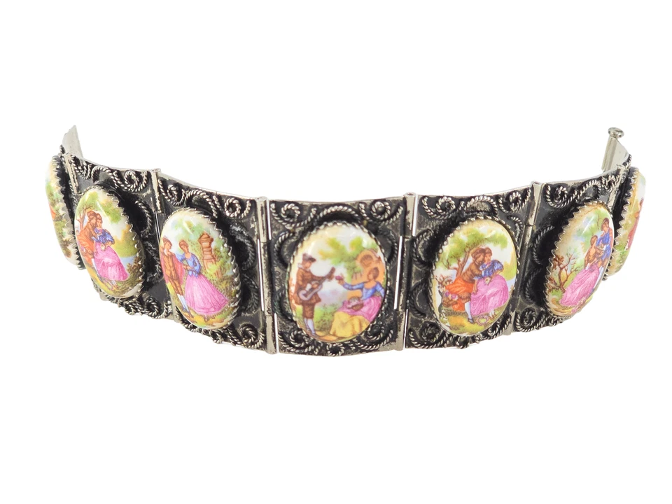 PULSERA FRAGONARD PORCELANA PINTADA A MANO CORTEJO PAREJA FILIGRANA TONO PLATA Foto 4 de 4