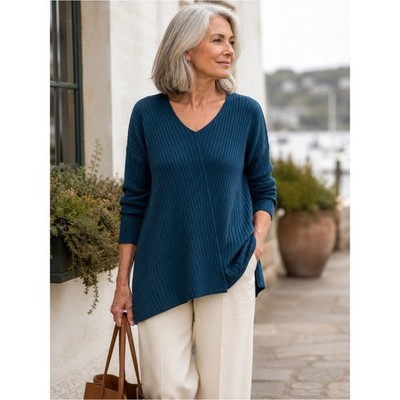 Eileen Fisher Asymmetrical V-Neck Ribbed Sweater S Blue Tencel Silk Cotton