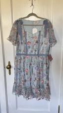 Ivy City Co Women’s Blue Floral Embroidered Dress 16 Lace Overlay Bows