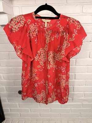 Rebecca Taylor 100% Silk Floral Flutter Sleeve Blouse Pink Red Size 6 Romantic